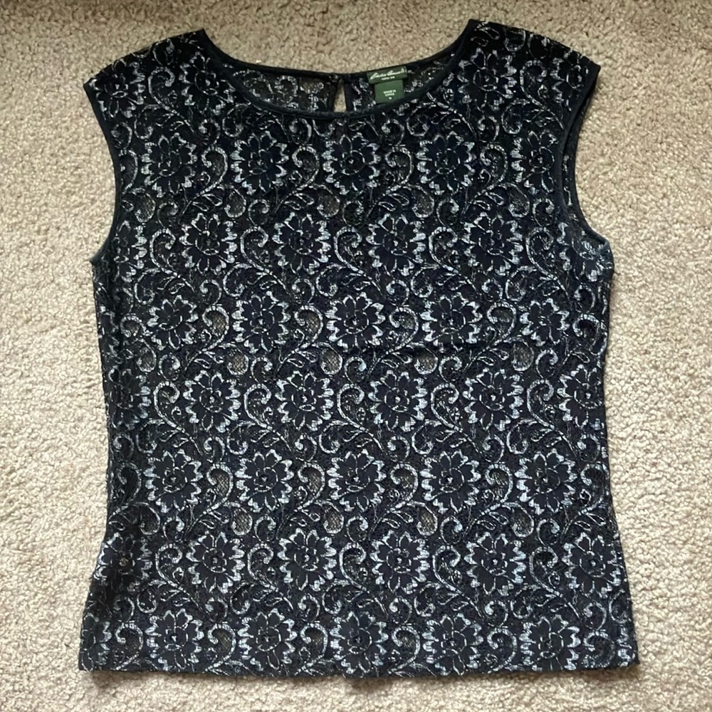 Eddie Bauer Black and White Fitted Cap Sleeve Blouse